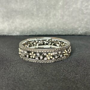 Vintage Monet Stretch Bracelet, Costume Silver, Rhinestone and Pearl Flowers